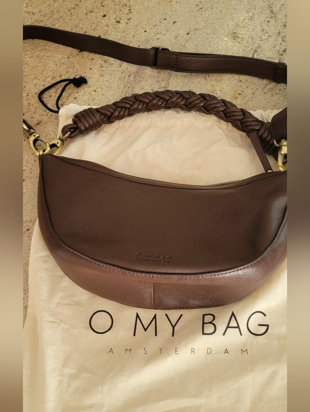 O My Bag Amsterdam Leo Midi Brown Leather Braided-Handle Shoulder Bag